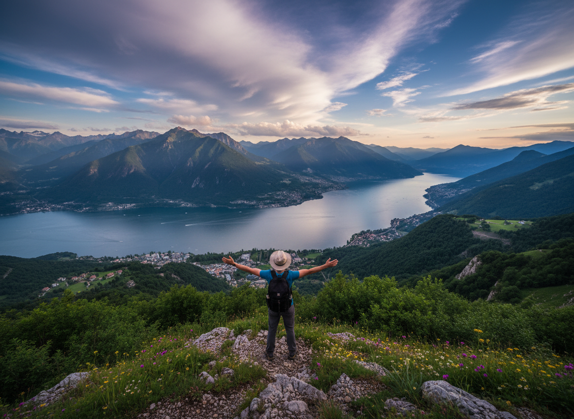 Panoramic view from Monte San Salvatore over Lake Lugano and the Ticino Alps, hiker enjoying breathtaking mountain vista