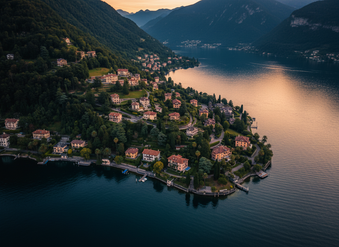 Cinematic aerial photograph of Lake Lugano in Ticino Switzerland at golden hour, deep blue Alpine lake surrounded by lush green mountains, warm golden light on the water